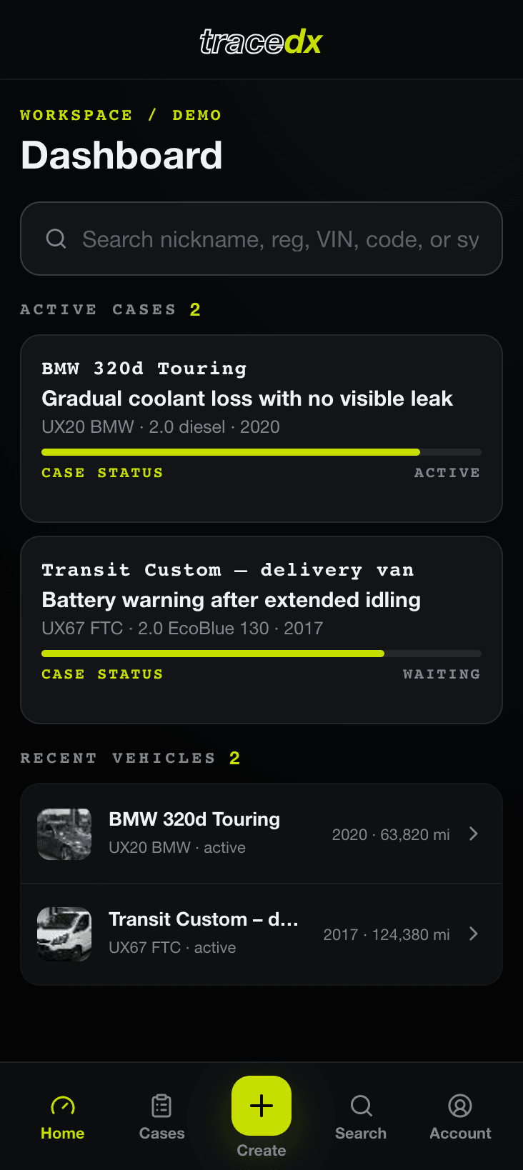 TraceDX dashboard showing active diagnostic cases and recent vehicles.