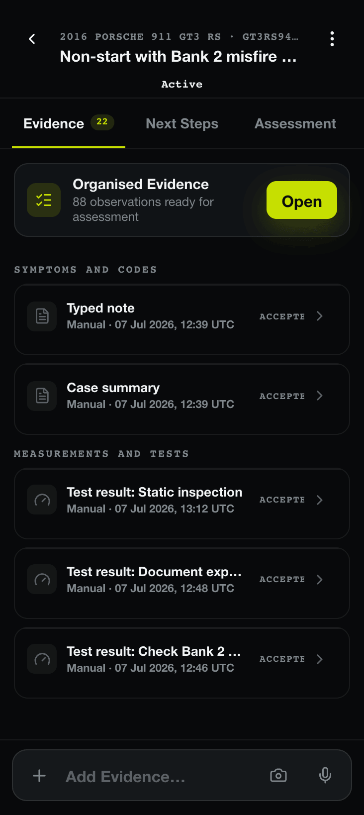 TraceDX case evidence timeline organised into symptoms, codes, measurements and tests.