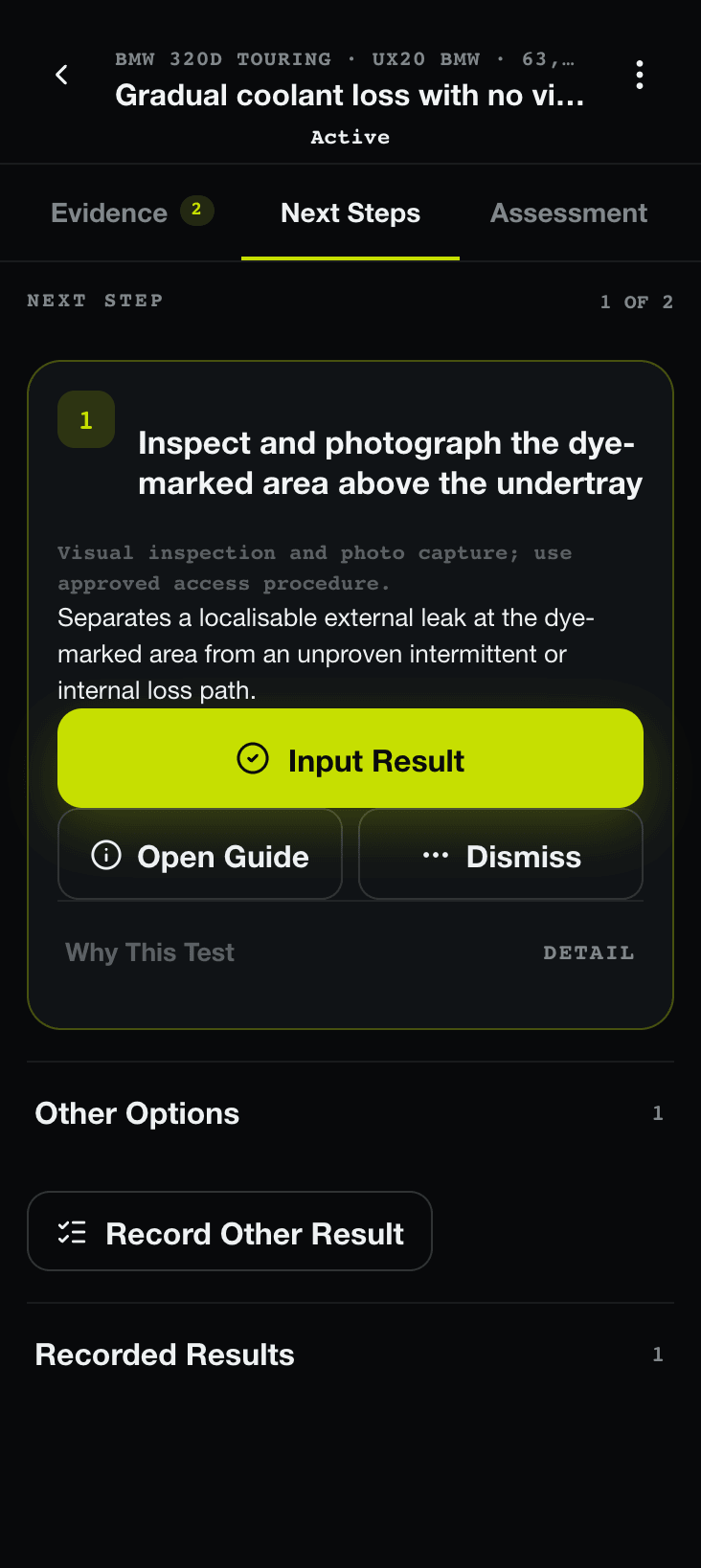 TraceDX ranked next step recommending one diagnostic inspection with result entry.