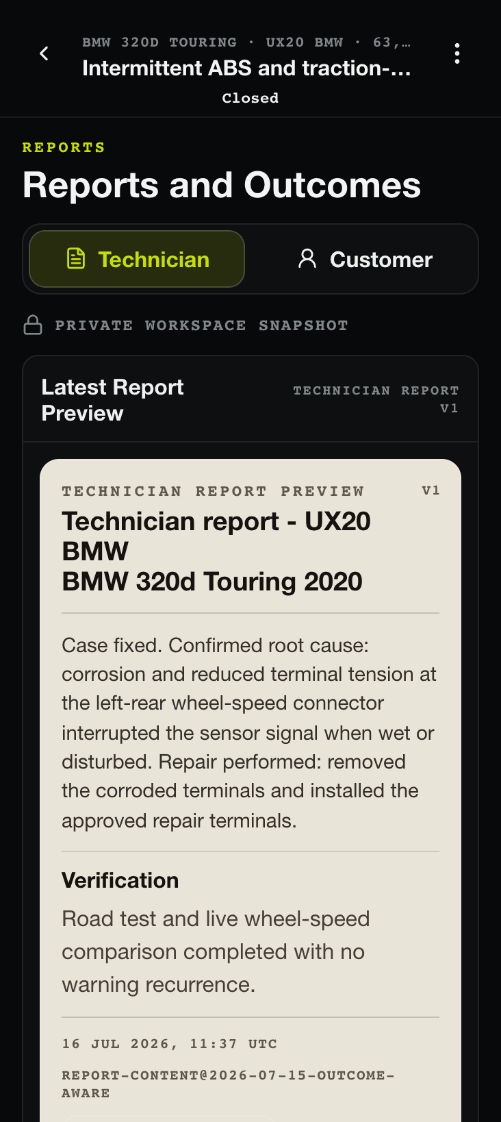 TraceDX technician report preview summarising the diagnosis and repair.