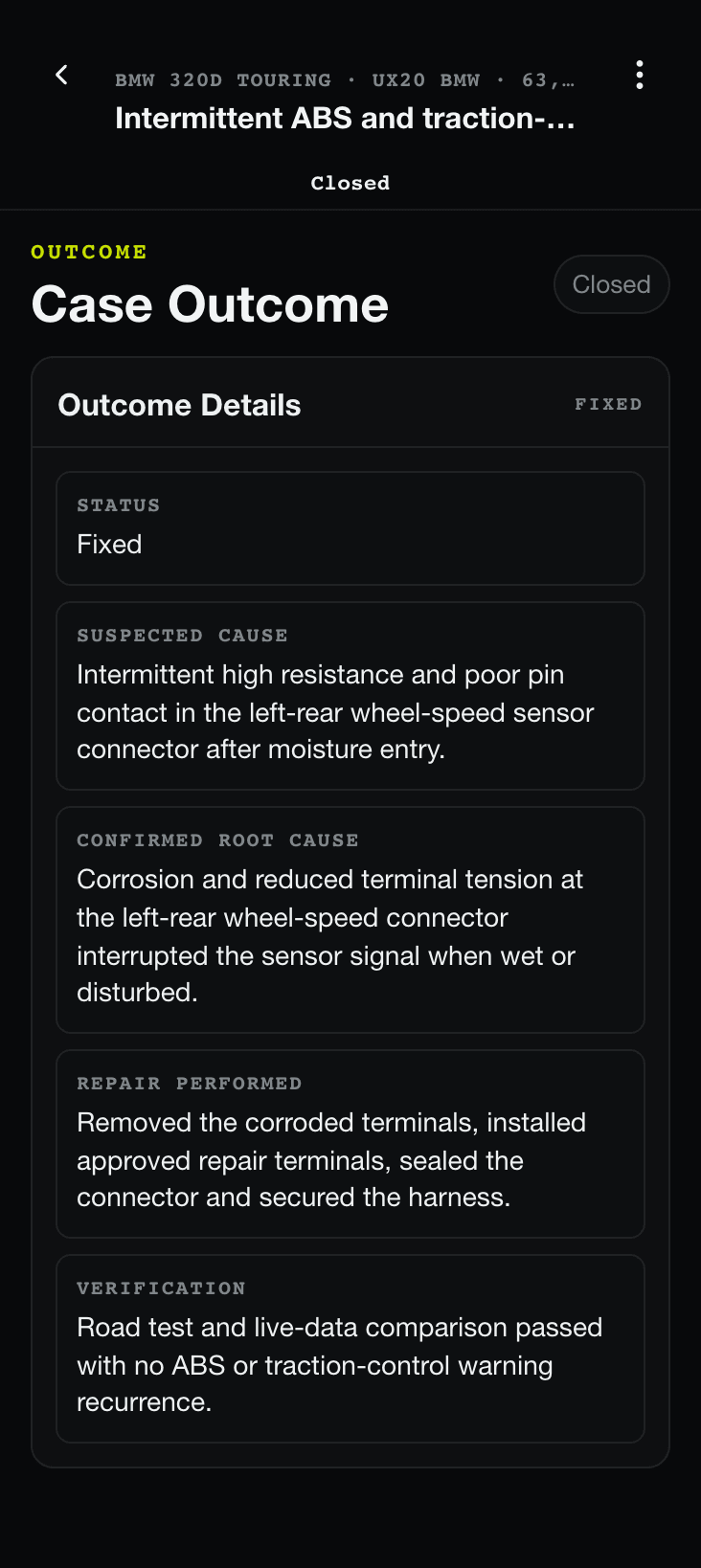 TraceDX closed case outcome recording the confirmed root cause and completed fix.